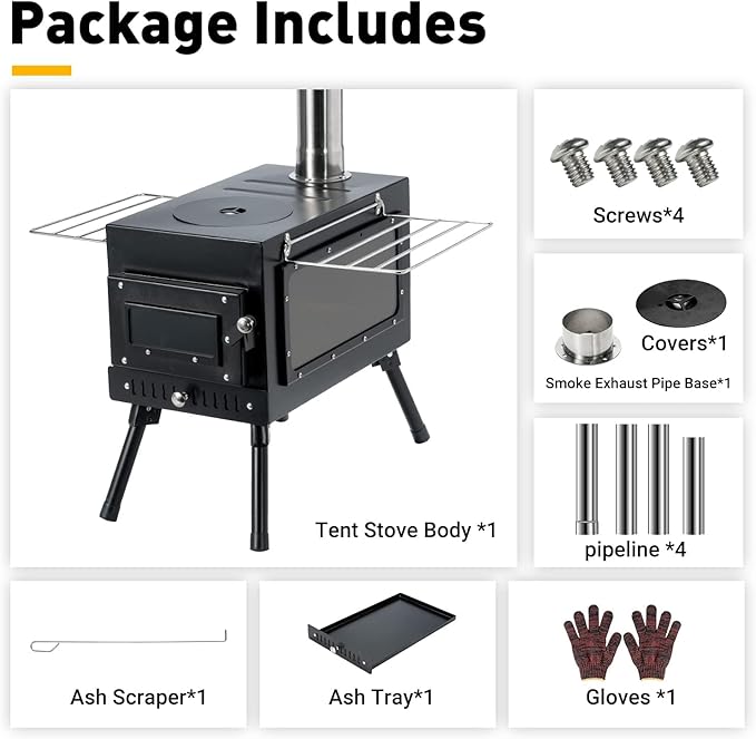 Outdoor Camping Stove Camp Tent Stove, Portable Wood Burning Stove with Chimney Pipe for Tent, Shelter, Camping Heating and Cooking (Pipe Diameter: 2.95")