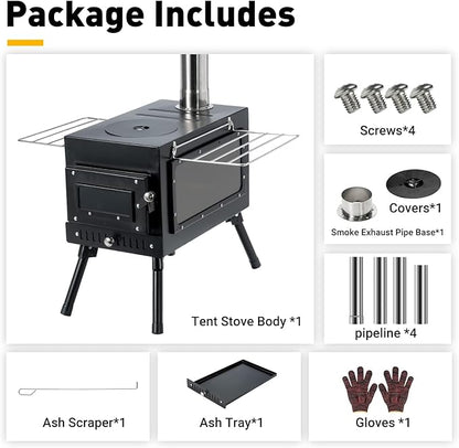 Outdoor Camping Stove Camp Tent Stove, Portable Wood Burning Stove with Chimney Pipe for Tent, Shelter, Camping Heating and Cooking (Pipe Diameter: 2.95")