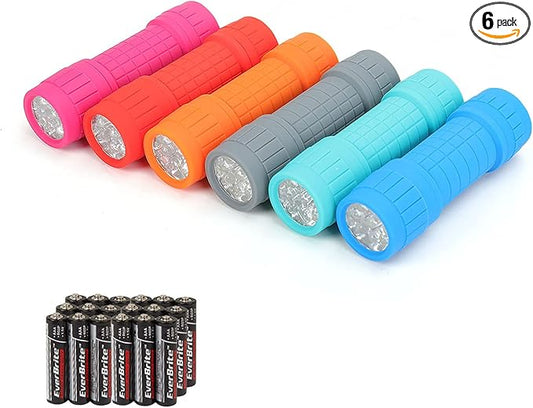 EverBrite 9-LED Flashlight 6-Pack Compact Handheld Torch Assorted Colors with Lanyard 3AAA Battery Included (Hurricane Supplies, Camping), Gift to Halloween, Christmas