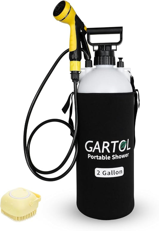 GARTOL 2 Gallon Portable Shower with Handheld showerhead, Silicone Bath Massage Brush, and thermal insulation bag, High-Pressure Camping Shower, Surf Shower, Dog Shower, Camp shower Sprayer
