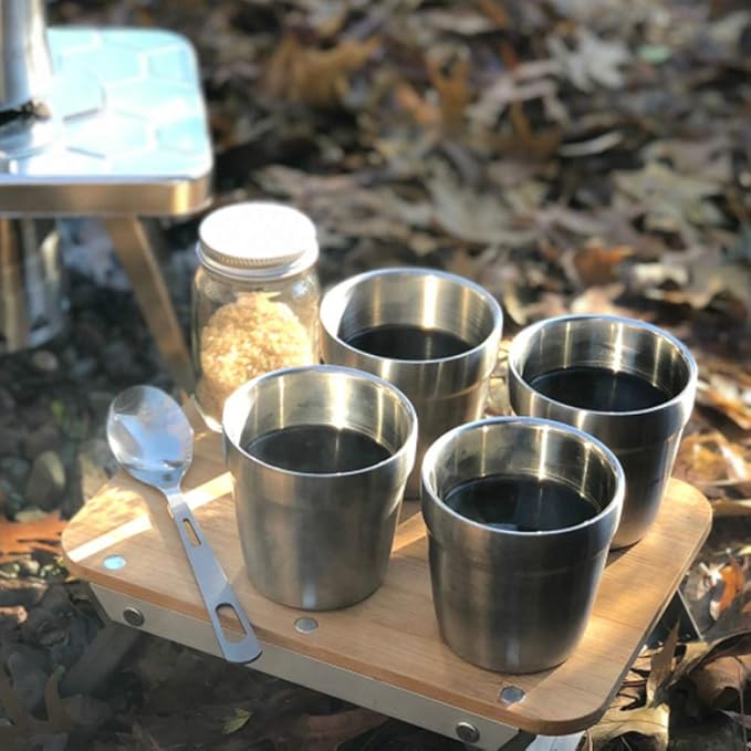 nCamp - Camping Coffee Cup Set, Insulated Stainless Steel Cups, Stackable Metal Cups, Stainless Steel Cup with Nylon Drawstring Bag, Made with 304 Stainless Steel, 6 oz, 4-Piece Set