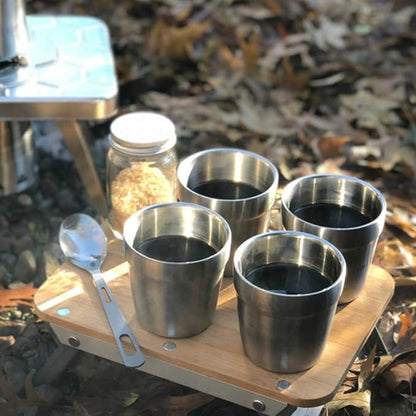 nCamp - Camping Coffee Cup Set, Insulated Stainless Steel Cups, Stackable Metal Cups, Stainless Steel Cup with Nylon Drawstring Bag, Made with 304 Stainless Steel, 6 oz, 4-Piece Set