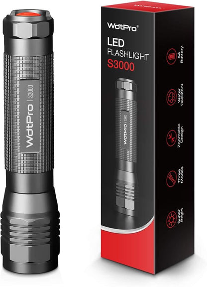 WdtPro High-Powered LED Flashlight S3000, Super Bright Flashlights - High Lumen, IP67 Water Resistant, 3 Modes and Zoomable for Camping, Emergency, Hiking, Gift