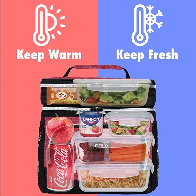 OPUX Insulated Dual Compartment Lunch Box for Women | Leakproof Double Deck Lunch Bag Work Office | Soft Cooler Tote Shoulder Strap Adult | Reusable Thermal Lunch Pail Kit 12 Can, Pink