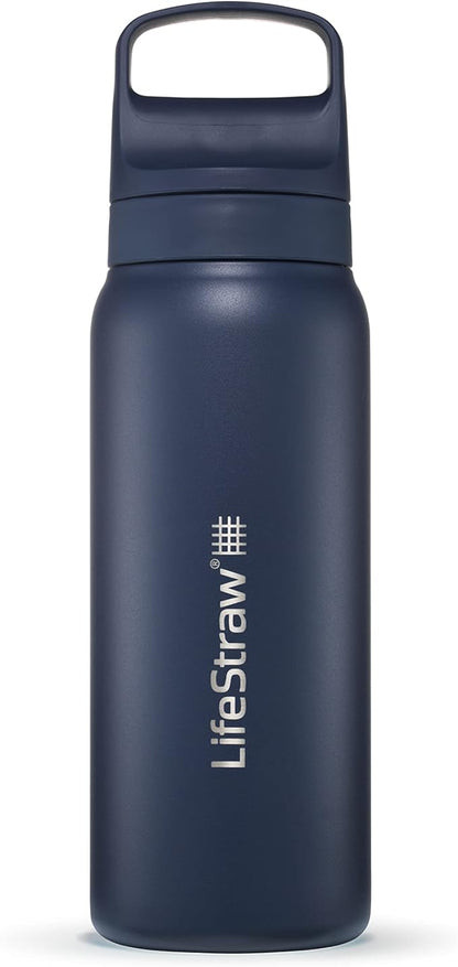 LifeStraw Go Series — Insulated Stainless Steel Water Filter Bottle for Travel and Everyday Use Removes Bacteria, Parasites and Microplastics, Improves Taste, 24oz Aegean Sea