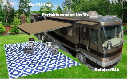 BalajeesUSA Recycled Outdoor Plastic Patio Rugs Clearance Waterproof RV Camper Rug Large Reversible mats 6'x9' Blue & White 20317