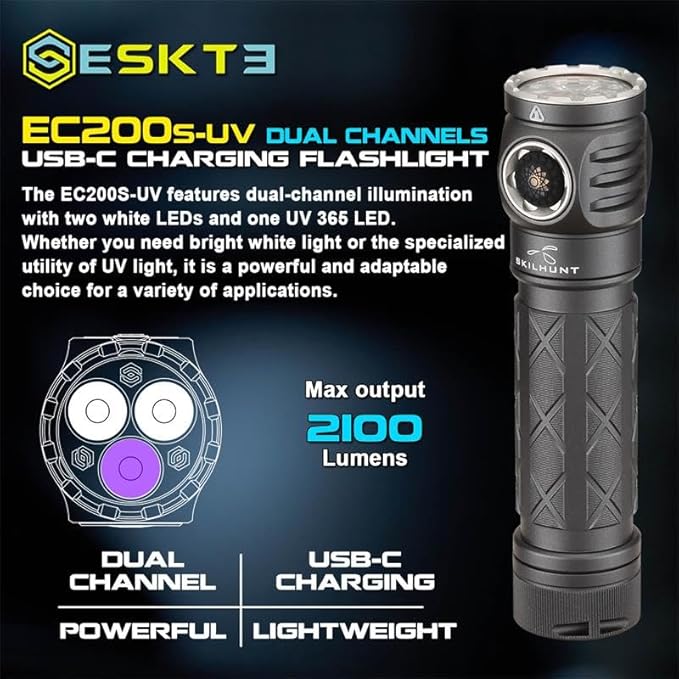 EC200S-UV 1400 lumens White and UV 365nm USB-C Rechargeable Powerful Aluminum Flashlight - Lightweight, Compact Mini Pocket light Camping Hiking Running Waterproof Outdoor (High CRI 4500K, Black)