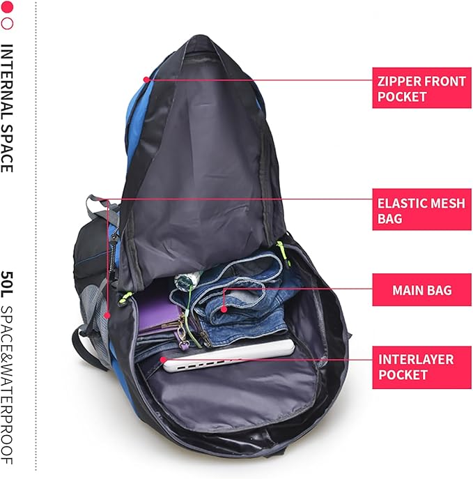 Bseash 50L Hiking Backpack, Water Resistant Lightweight Outdoor Sport Daypack Travel Bag for Camping Climbing Touring (Light Blue - No Shoe Compartment)