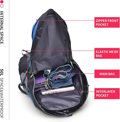 Bseash 50L Hiking Backpack, Water Resistant Lightweight Outdoor Sport Daypack Travel Bag for Camping Climbing Touring (Light Blue - No Shoe Compartment)
