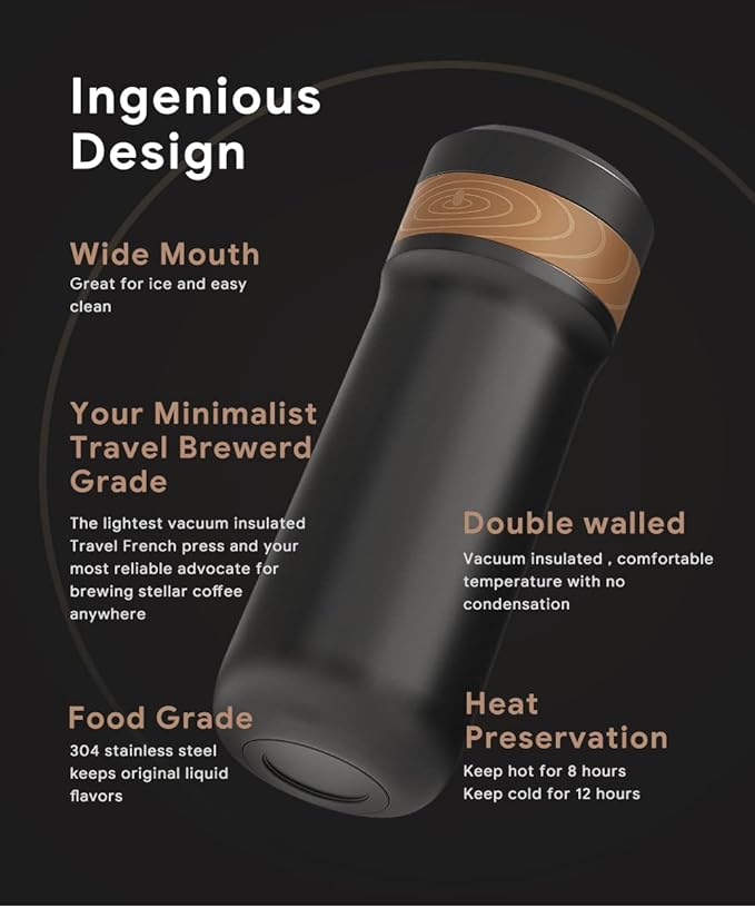 Classic Portable French Press Coffee Mug 12 oz with Carry Loop, Stainless Steel French Press Coffee Maker, BPA Free Great for Camping and Travel