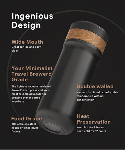 Classic Portable French Press Coffee Mug 12 oz with Carry Loop, Stainless Steel French Press Coffee Maker, BPA Free Great for Camping and Travel