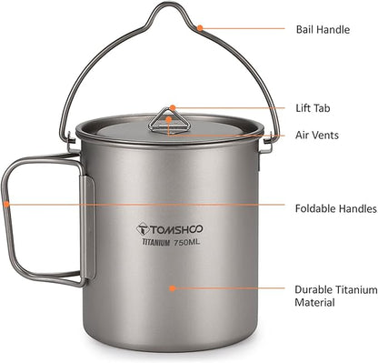 TOMSHOO Camping Titanium Pot 750ml/25.4 oz Outdoor Titanium Mug with Lid Camping Coffee Cup with Foldable Handle for Camping Hiking Travelling Backpacking Camping Open Fire