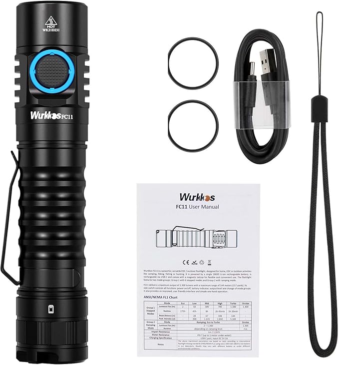 Wurkkos FC11 Rechargeable LED Flashlights Max 1300Lumen High 90CRI EDC Flash Light USB C Charge,IP67 Waterproof Torch, Magnetic Tailcap, Great for Dog Walking Home use Emergency(5000K)