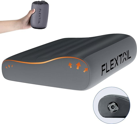 FLEXTAILGEAR Inflatable Camping Pillow, Ultralight Travel Pillows for Airplanes, Hiking, Road Trip, Office - Neck Pillow with Washable Cover & TPU Bladder - Perfect for Neck Lumbar Support