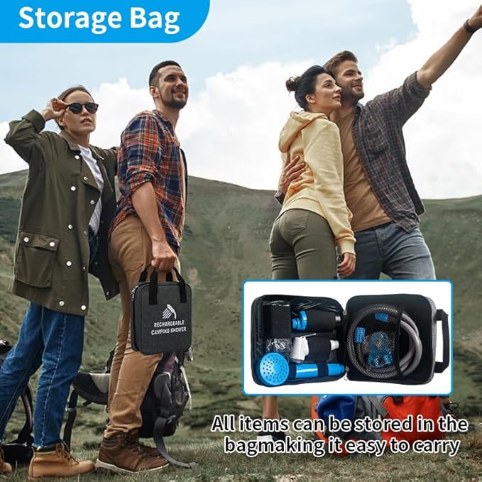 Portable Shower for Camping, Rechargeable Portable Camping Shower, Camp Shower with Double Portable Shower Head and 2 Flow Mode, Camping Shower for Hiking Beach Swimming Outdoor