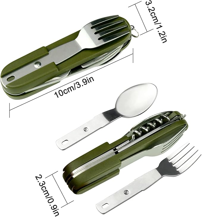 2 Pack 7-in-1 Camping Utensils - Portable Stainless Steel Camping Fork Spoon Knife Set for Camping, Hiking, Picnics Outdoor Enthusiasts, and Travel - Essential Survival Utensil Tool Kit