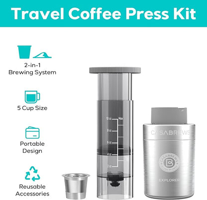 CASABREWS KP3000 Portable Coffee Maker, 2 in 1 Small Travel Coffee Machine for K Cup Pod or Ground Coffee, Quick Coffee Press Kit with Stainless Steel Cup, Cup Lid, Straw and Storage Bag