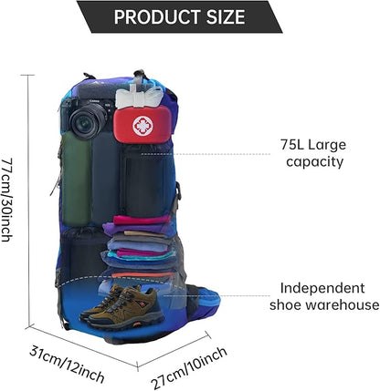 King'sGuard Hiking Backpack for Men and Women 70L+5L Waterproof Lightweight Camping Daypack with Rain Cover for Outdoor Travel Mountaineering - Frameless (Blue)
