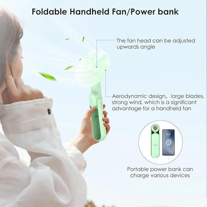4 IN 1 Portable Handheld Fan,Personal Foldable Cooling Fan, Mini Pocket Fan,Desk Fan,Hand Fan,Flashlight,Power Bank,Table Lamp,Camping Travel Beach Fan, Birthday Gifts for Women Men(Light Green)