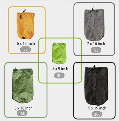 Frelaxy Stuff Sack Set 5-Pack (3L&5L&9L&15L&20L), Ultralight Ditty Bags with Dust Flap for Traveling Hiking Backpacking
