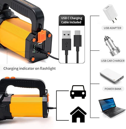 Multi functions Rechargeable Flashlight High Lumens,Handheld Spotlight LED 6000 Lumens Super Bright, Large Battery 10000 Long lasting Powerful Searchlight plus Side Lantern,Home Outdoor