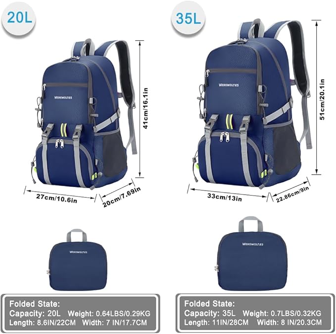 WEREWOLVES 20/35L Lightweight Hiking Backpack, Ultralight Water Resistant Packable Daypack for Women Men