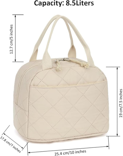 Lunch Bag, Quilted Pure Beige, Insulated Thermal Tote with Pocket, Large Capacity Reusable Cooler for Work or Travel, 8.5L