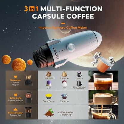 3 in 1 Portable Espresso Machine On the Go, Self-Heating Electric Espresso Maker, 19 Bar Mini Coffee Maker For Travel Camping and Hiking With Ground Coffee & NES PRESSO/DolceGusto Pod, Space Grey