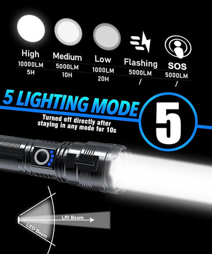 Flashlights High lumens Rechargeable USB C Flash Light, Super Bright LED Flashlight with 100,000 Lumens, Long Beam 3280Ft, IPX5 Waterproof Tactical Flashlight Powerful for Emergency, Camping