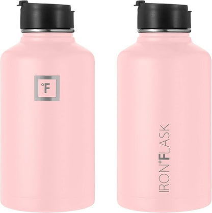 IRON °FLASK Camping & Hiking Hydration Flask, Wide Mouth, 3 Straw Lids, Stainless Steel Outdoor Water Bottle, Double Walled, Insulated Thermos, Metal Canteen - Rose, 64 Oz