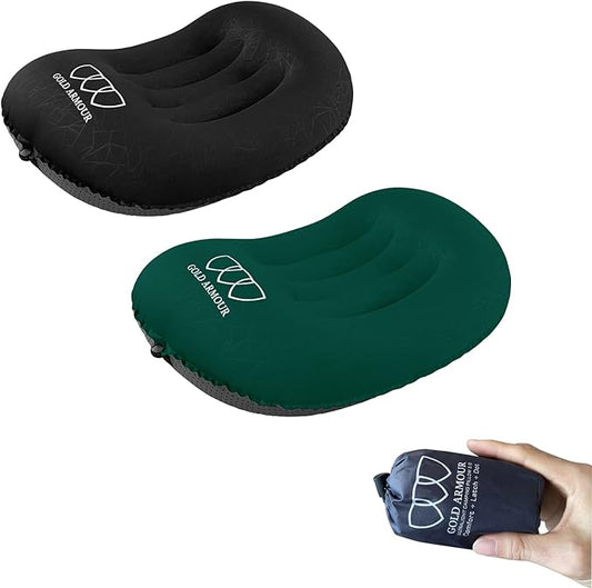 Gold Armour Inflatable Camping Pillow Backpacking Pillow Lightweight Travel Air Pillow Ultralight Ergonomic Pillow Portable for Airplanes with Neck & Lumbar Support (2 Pack) (Black & Turquoise)