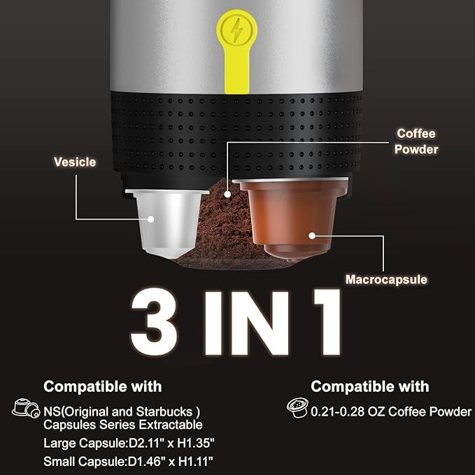 Portable Espresso Maker,3-in-1Portable Coffee Maker,20 Bar Mini Espresso Machine,Self-Heating Travel Coffee Maker Compatible with NS, DG Pods & Ground Coffee, for Camping Hiking,Office,RV