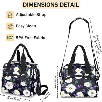 Flower Floral White Insulated Lunch Bags for Women Men Adult Reusable Lunch Tote Therma Cooler Bag with Shoulder Strap Lunch Box for School Work Office Picnic Meal Prep Bag