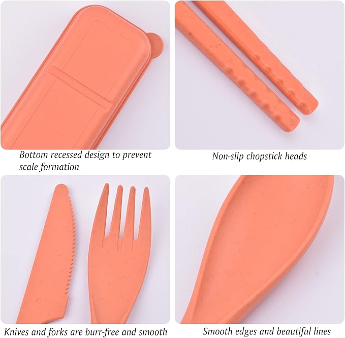 Travel Utensils with Case, Portable Wheat Straw Cutlery Set, Spoon Knife Fork Chopsticks Reusable Utensils for Travel Work Picnic Camping or Daily Use