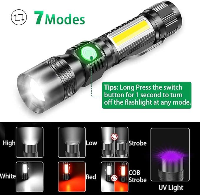 UV Flashlight Black Light, 3-in-1 Magnetic Flashlight Rechargeable, 1000 Lumen Tactical LED Flashlight, 7 Modes Waterproof UV Light Flashlight for Camping Emergencies Pet Urine Detection