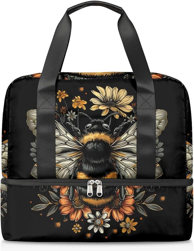 Sports Gym Bag Retro Bee Flower Travel Duffel Bag Waterproof Lightweight Swim Bag Travel Tote Luggage Weekender Overnight Handbag Workout Bag with Shoes Compartment for Women Men