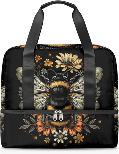 Sports Gym Bag Retro Bee Flower Travel Duffel Bag Waterproof Lightweight Swim Bag Travel Tote Luggage Weekender Overnight Handbag Workout Bag with Shoes Compartment for Women Men