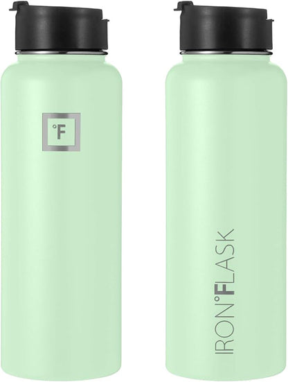 IRON °FLASK Camping & Hiking Hydration Flask, Wide Mouth, 3 Straw Lids, Stainless Steel Outdoor Water Bottle, Double Walled, Insulated Thermos, Metal Canteen - Mint, 40 Oz