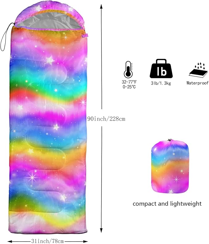 BSNTHO Rainbow Camping Sleeping Bags,3 Season Warm & Cool Weather,Lightweight,Waterproof Sleeping Bags for Adults & Kids,Traveling,and Outdoors,Camping Gear Equipment,31x90inch