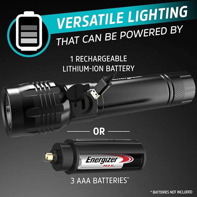 Energizer Rechargeable LED Flashlight X1000, Hybrid Power Capability, Ultra Bright 1000 Lumens, IPX4 Water Resistant, Rugged Aluminum Tactical LED Flash Light (USB Charging Cable Included)
