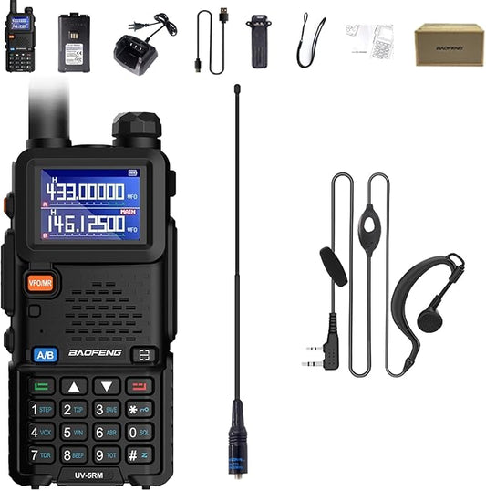BAOFENG UV-5RM Two Way Radio Multi-Band Long Range Walkie Talkie NOAA USB-C Charging Upgrade of UV-5R Ham Radio Air Band 1.77in LCD Screen with Headset and 771 Antenna