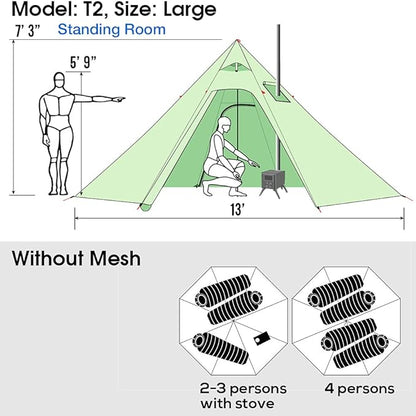 PRESELF 3 Person Lightweight Tipi Hot Tent with Fire Retardant Flue Pipes Window Teepee Tents for Family Team Outdoor Backpacking Camping Hiking