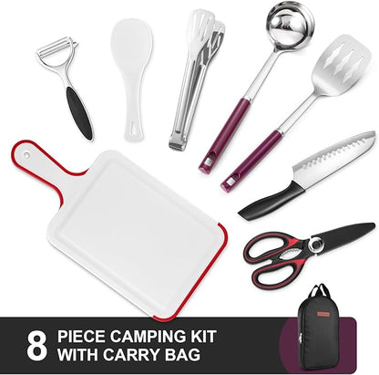 Odoland 8 Pcs Camping Cookware Utensils Travel Set, Camp Kitchen Utensil Organizer with Tongs, Scissors, Cutting Board, Rice Paddle and Water Resistant Case for Backpacking, Outdoor Camping