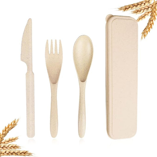 Reusable Travel Utensils Set with Case, Beige Wheat Straw Portable Knife Fork Spoons Tableware, Eco-Friendly BPA Free Plastic Cutlery Travel Picnic Camping Utensils for Kids Adults Daily Use