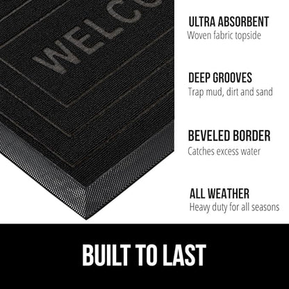 GORILLA GRIP 100% Waterproof All-Season WeatherMax Doormat, Durable Natural Rubber, Stain and Fade Resistant, Low Profile, Indoor Outdoor Door Mats, Easy Clean Entrance Mat, 17x29, Black Welcome