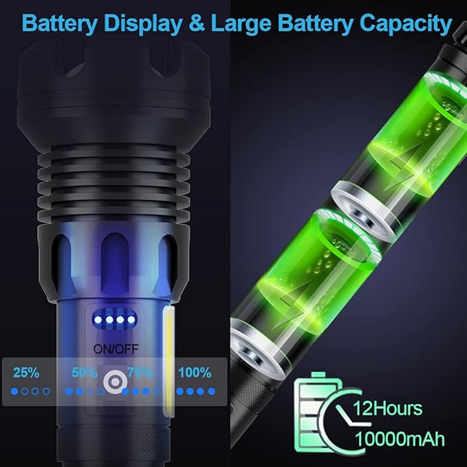 Rechargeable LED Flashlight High Lumens, 90000 Lumen Brightest Tactical Flashlight with 10000mAh Battery, Side Worklight, 7Modes Zoomable High-Power Flashlight&USB Rechargeable for Camping Emergency