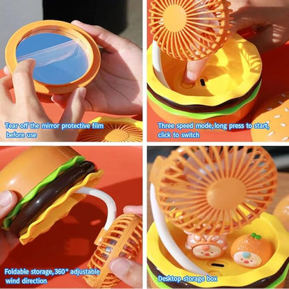 Rechargeable Hamburger Mini Fan, Creative Cute Toy Fan with Mirror, 3-Speed Mode, Small Gift for Family and Friends in Summer.