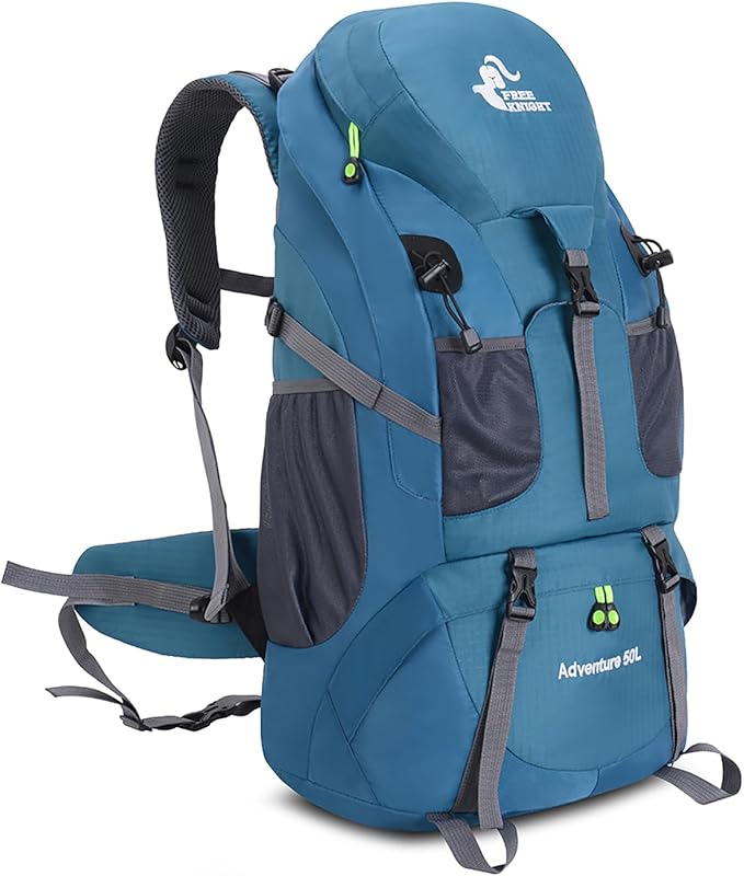 Bseash 50L Hiking Backpack, Water Resistant Lightweight Outdoor Sport Daypack Travel Bag for Camping Climbing Touring (Blue Green - With Shoe Compartment)