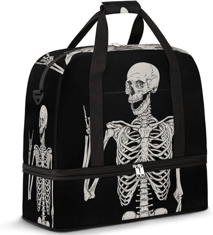 Sports Gym Bag, Human Skeleton Skull Halloween Travel Duffel Bag with Shoes Compartment Waterproof Overnight Bag Workout Weekender Bag Boys Girls Yoga Dance Bag Gym Tote Bag for Women Men