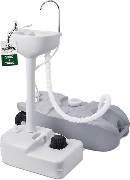Hike Crew Portable Camping Sink & Waste Tank | Large Outdoor Hand Washing Station with 4.5 Gal Capacity, Hands-Free Foot Pump, Faucet, Soap Dispenser & Towel Rack | includes 10 Gal Travel Waste Tank